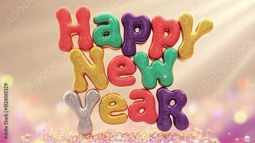 Happy newrear card with colorful fridge magnets spelling words for children's education