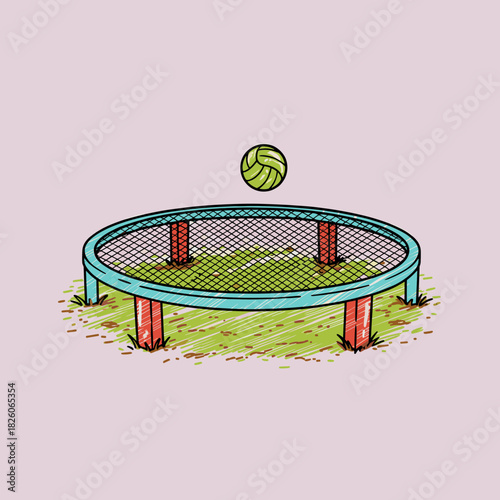 Roundnet Game Illustration.Spikeball Hand Drawn Vector.Outdoor Sport Equipment Sketch.Summer Fun Net and Ball.Doodle of Active Game