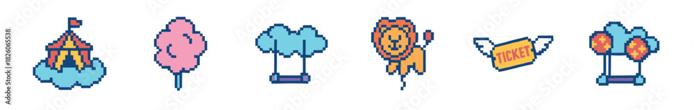 Fototapeta premium A collection of colorful pixel art carnival and circus elements, featuring a striped tent, cotton candy, a lion, hot air balloons, and a winged ticket, rendered in a retro 8-bit style