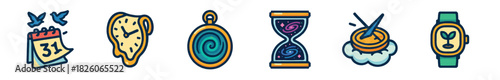 A vibrant collection of six whimsical cartoon icons illustrating various concepts of time, including a calendar with birds, a melting clock, a galaxy hourglass, and a nature-themed wristwatch