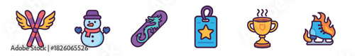 Colorful collection of winter sports and achievement icons, featuring winged skis, a cheerful snowman, a dragon snowboard, a star ski pass, a steaming cup, and a flaming ice skate