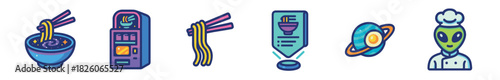 Six vibrant cartoon icons illustrating a cosmic noodle bowl with chopsticks, a futuristic ramen vending machine, a holographic menu, a ringed planet, and a friendly alien chef