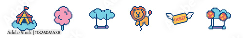 A collection of colorful pixel art carnival and circus elements, featuring a striped tent, cotton candy, a lion, hot air balloons, and a winged ticket, rendered in a retro 8-bit style