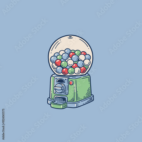 Retro Gumball Machine Vector.Classic Candy Dispenser Art.Bubble Gum Vending Machine.Hand Drawn Sweet Treats Icon.Vintage Snack Vendor Doodle