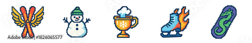 A vibrant collection of pixel art winter icons featuring crossed skis, a cheerful snowman, a steaming hot beverage mug, a fiery ice skate, and a stylish snowboard, rendered in a retro 8-bit style