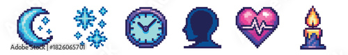 A collection of six vibrant pixel art icons featuring a crescent moon, snowflakes, a clock, a profile head, a heart, and a burning candle, rendered in a classic retro video game style