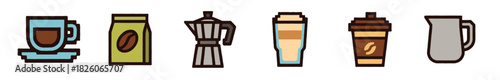 A collection of six colorful, hand-drawn coffee-related icons including a cup, coffee bag, moka pot, iced latte, travel mug, and carafe, presented in a simple, illustrative style