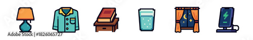 A collection of pixel art icons depicting bedtime essentials including a lamp, pajamas, books on a nightstand, a glass of water, a night window, and a charging smartphone