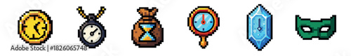 Vibrant collection of pixel art game assets, showcasing a golden coin, a classic pocket watch, a bagged hourglass, a compass, a glowing blue crystal, and a green mask