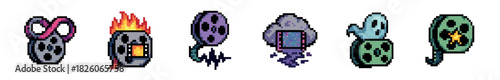 A row of six colorful pixel art film reel icons, each featuring a unique design with elements like an infinity loop, fiery flames, sound waves, a glitching screen, a ghost, and a starburst