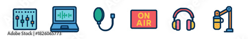 A vibrant collection of flat design icons for audio production and broadcasting, featuring a sound mixer, laptop, pop filter, 'ON AIR' sign, headphones, and a studio microphone