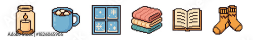 A charming pixel art collection featuring cozy winter essentials like a glowing candle, a warm mug of hot chocolate, a snowy window, soft stacked blankets, an open book, and comfortable socks