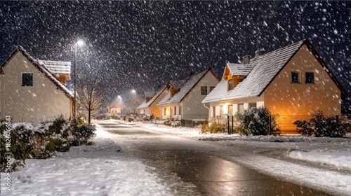 In a peaceful neighborhood, snow falls gently at night, covering rooftops and sidewalks. Warm lights shine from cozy homes, enhancing the serene winter atmosphere