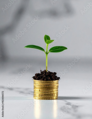 Small plant growing out of a coin, on marble surface, symbol of investment and growth, clean background