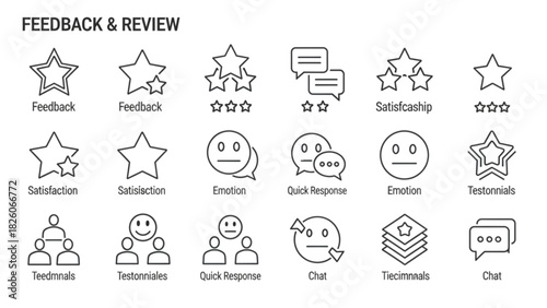 Comprehensive collection of customer feedback and review line icons for service evaluation and satisfaction tracking