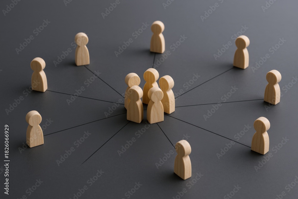 Obraz premium Wooden Figures Representing Network Connection and Communication, Illustrating Business Relationships and Social Interaction on a Dark Background