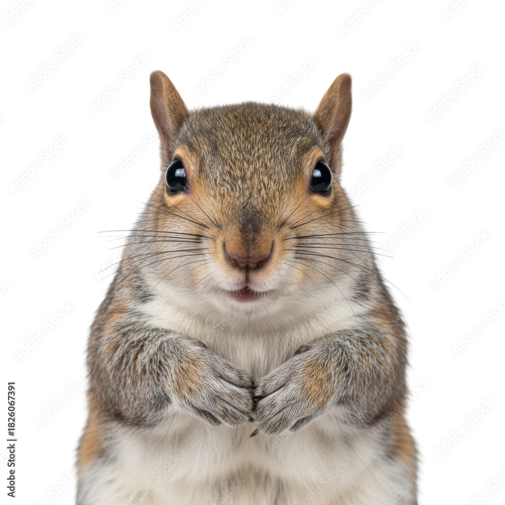 Obraz premium Close up portrait of a cute squirrel with its paws clasped on a black background
