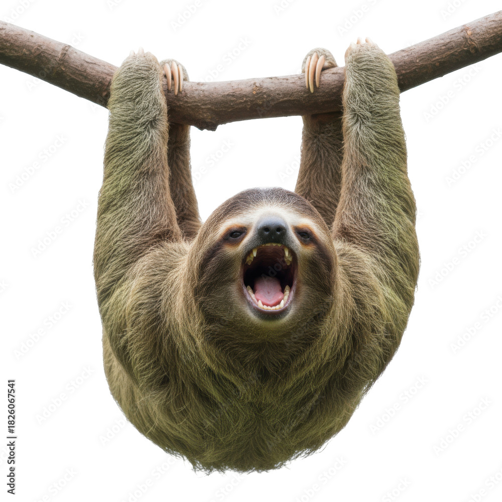Naklejka premium Close up of a sloth hanging from a branch with its mouth open and teeth visible against a black
