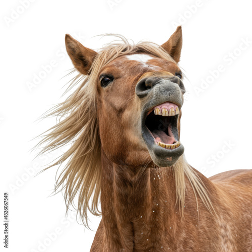 Close up of a horse with mouth wide open displaying teeth and tongue against a black background