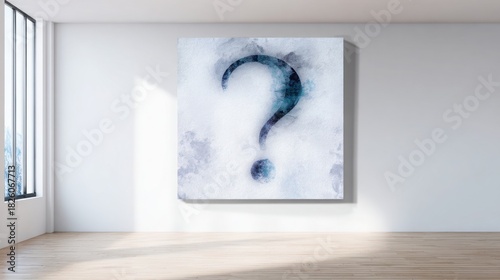 Large abstract question mark painted in watercolor style on a bright white canvas, subtle shadows, soft natural light, high detail artistic textures