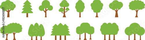 tree, trees, nature, illustration, green, brown, foliage, pine tree, deciduous tree, evergreen, forest, park, garden, plant, flora, organic, environment, growth, seasons, landscape, simple, flat desig