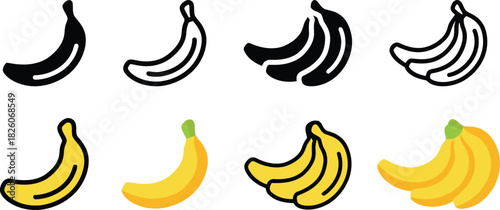 banana, graphic, bunches, food, element, presented, color, collection, simple, [converted], fruit, healthy, eight, black, organic, outlined, black., with, icons, bananas, yellow, illustration, single,
