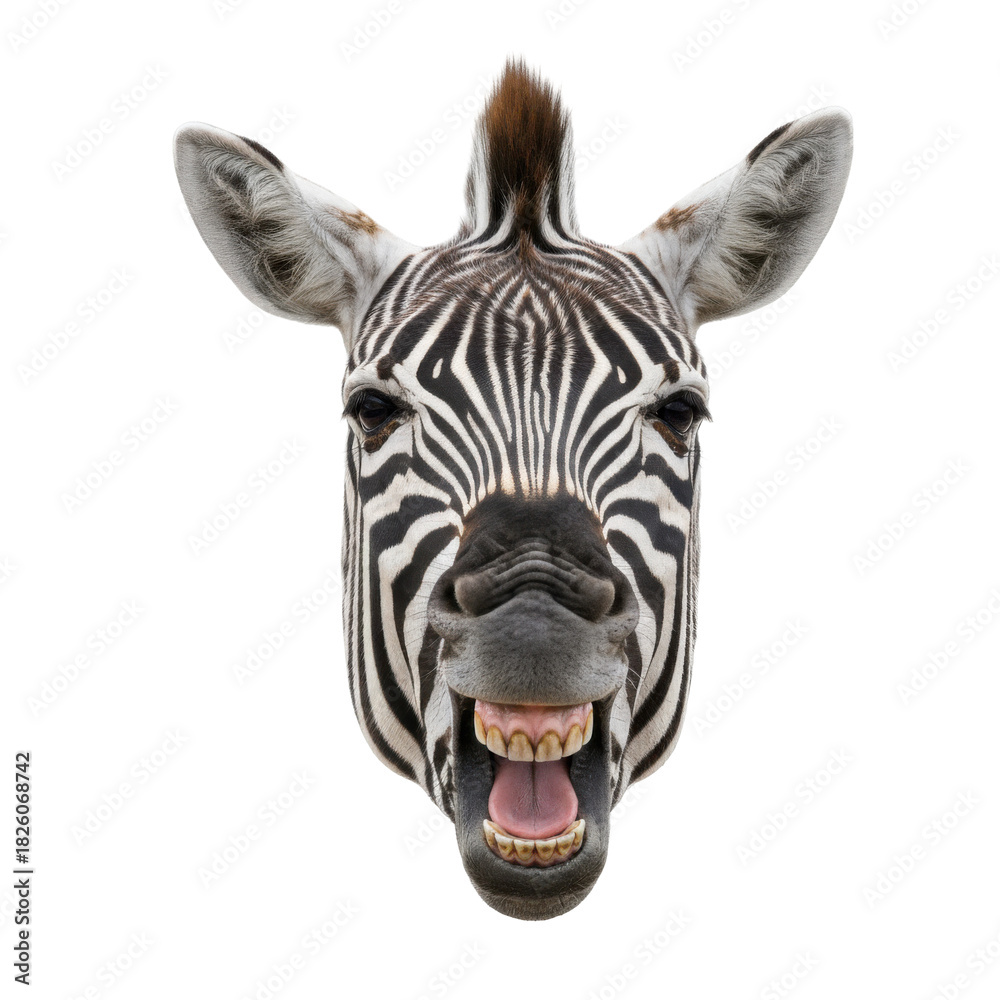 Naklejka premium Close-up humorous portrait of a laughing zebra head with black background
