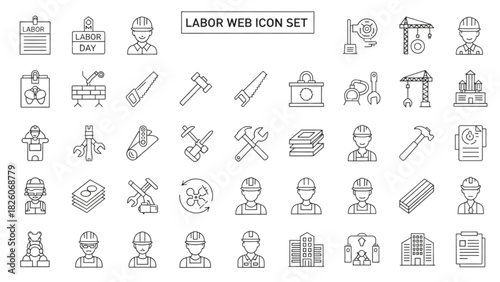 Thin line icon set representing labor, construction tools, and building industry