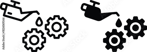 icon, oil can, pouring, liquid, gears, mechanical, engineering, lubrication, maintenance, industry, machinery, system, process, operation, black and white, graphic, design, symbol, illustration, techn