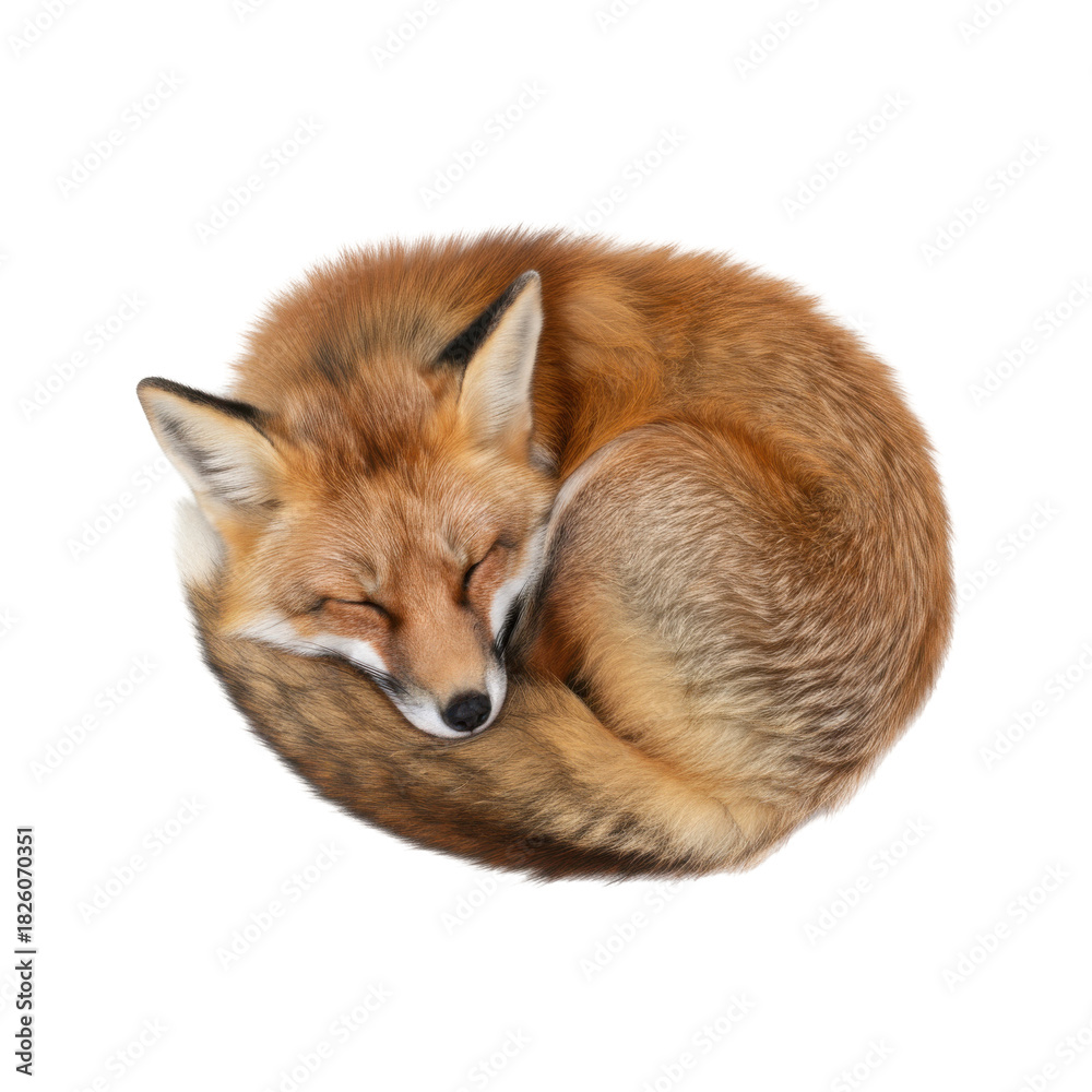 Obraz premium Close-up of a sleeping fox curled up in a ball against a black background
