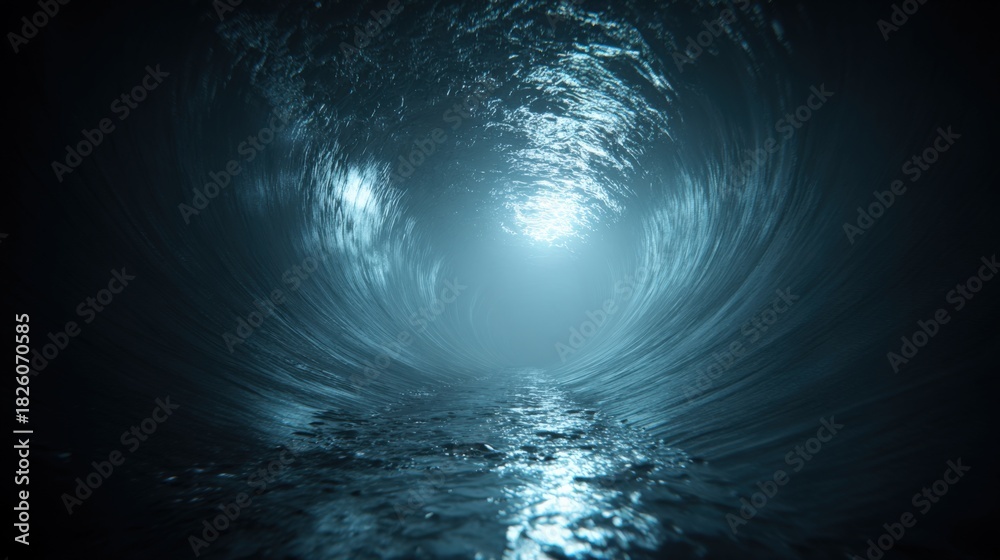 Fototapeta premium Underwater Tunnel with Light at the End, Dark Ocean Water Perspective, Abstract Nature Concept