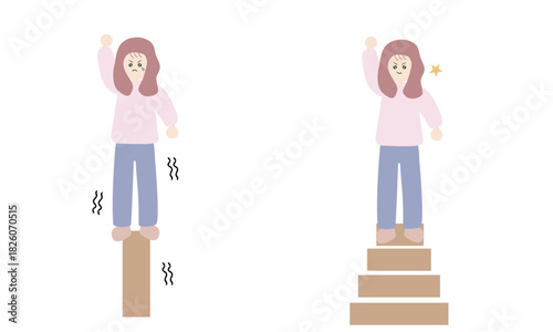 不安定な場所で無理に自立しようとする女性と安心を積み重ねていく女性の対比イラスト