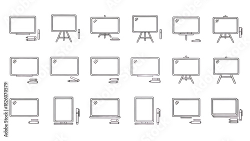 Outline Style Display Device Icons Monitor, Tablet, Laptop, and Projector