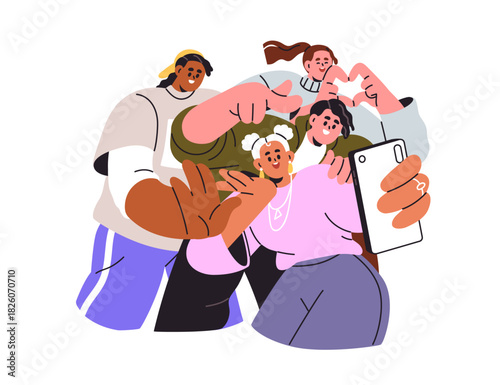 Friends group taking selfie. Happy young people smiling, posing together for mobile phone photo. Youth team with smartphone for self photograph. Flat vector illustration isolated on white background