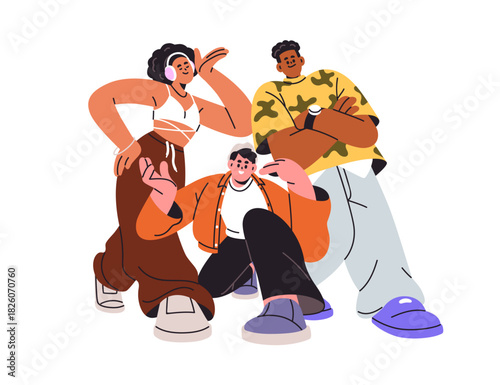 Happy young people group, friends team posing together for fun photo. Joyful trio, men and woman smiling for creative photograph portrait. Flat vector illustration isolated on white background
