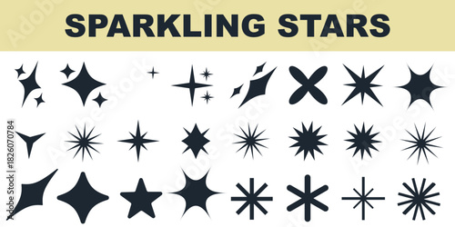 Collection of different vector sparkling stars icon, decorative twinkle and bursts forms, abstract shining flash symbols, glowing light effect, y2k style basic shapes geometric graphic elements 
