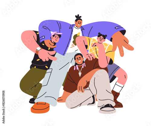 Friend group portrait. Happy funny cool young people posing together, laughing. Youth smiling for fun team photo picture, photograph shot. Flat vector illustration isolated on white background