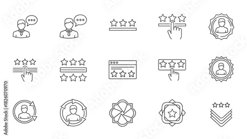 Comprehensive Set of User Feedback and Customer Experience Line Icons - Ratings, Reviews, and Loyalty Vectors