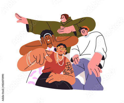 Friends group photo. Happy young people smiling, laughing, posing together. D...