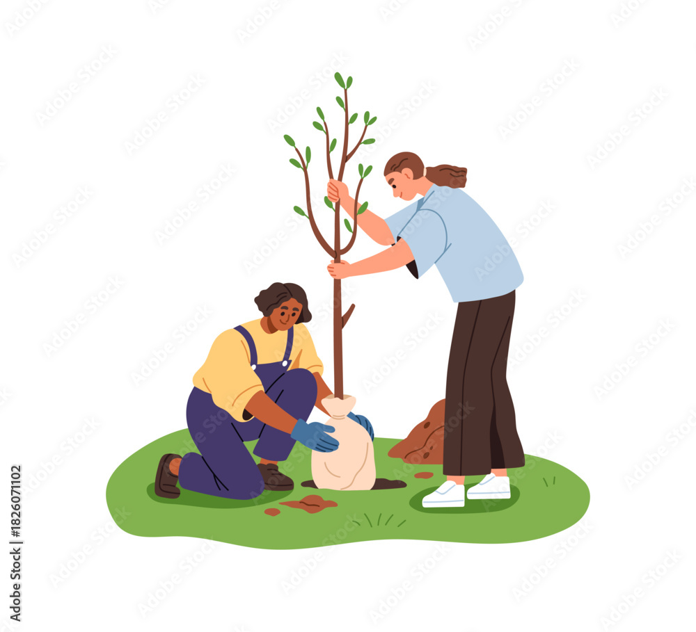 Naklejka premium Planting young tree. Women, eco volunteers gardening outdoors in spring, landscaping, growing sapling into soil. Green activity for ecology. Flat vector illustration isolated on white background