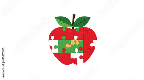 Stylized red apple image constructed of puzzle pieces with green leaves on a white background