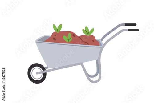 Wheelbarrow filled with soil and seedlings. Gardening and farming cart, transportation tool for earth, ground, rural work. Wheel barrow, wagon. Flat vector illustration isolated on white background