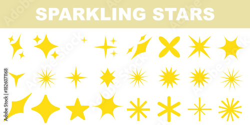 Collection of different vector sparkling stars icon, decorative twinkle and bursts forms, abstract shining flash symbols, glowing light effect, y2k style basic shapes geometric graphic elements 