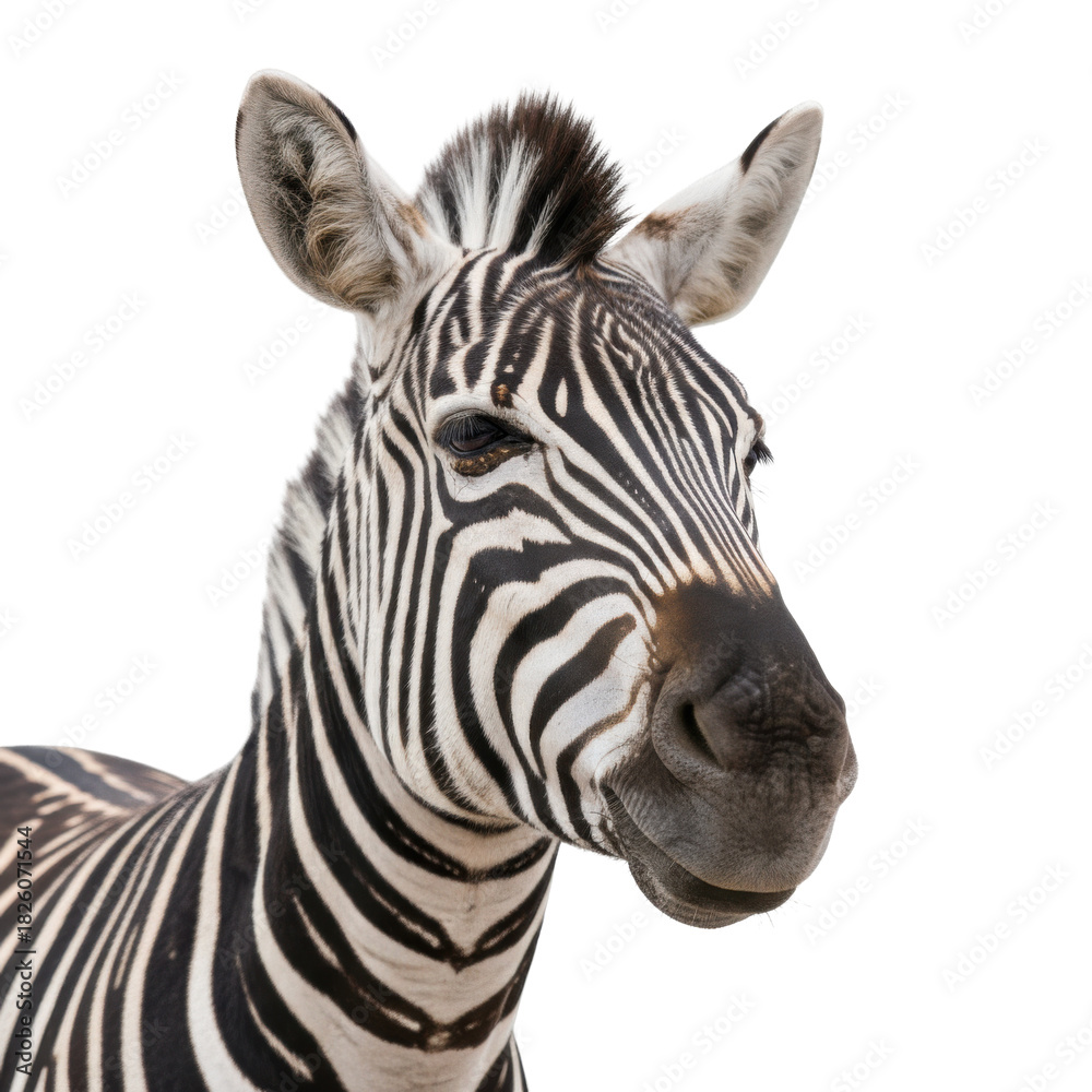 Naklejka premium Close-up portrait of a magnificent zebra showcasing its iconic black and white stripes on a plain