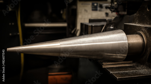 mandrel. A conical metal lathe mandrel rotating with an unfinished tube sleeve fitted over it. safety posters, maintenance manuals, designed for precision metalworking and fabrication facilities.