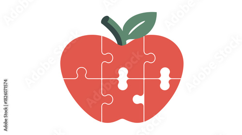 A red apple puzzle with pieces missing, stem and leaf on top. White background
