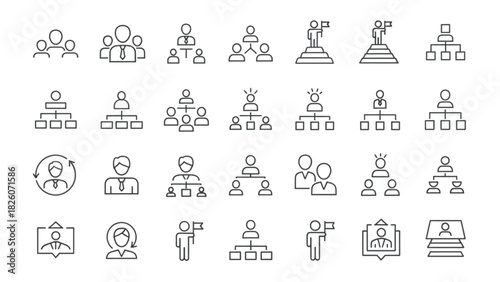 Modern Line Icons Depicting Organizational Structure, Teamwork, and Leadership Concepts
