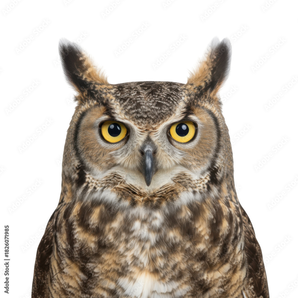 Naklejka premium Close-up portrait of a majestic great horned owl with intense yellow eyes against a black background