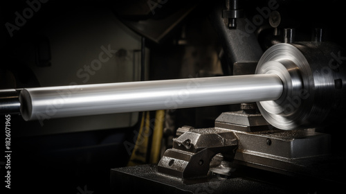 mandrel. A conical metal lathe mandrel rotating with an unfinished tube sleeve fitted over it. safety posters, maintenance manuals, designed for precision metalworking and fabrication facilities.