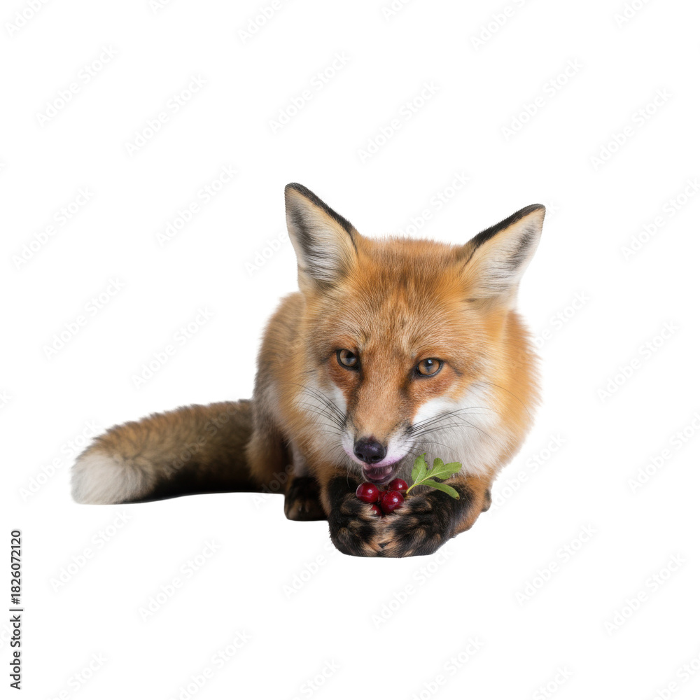 Obraz premium Close-up portrait of a wild red fox with bright eyes eating red berries on a black background